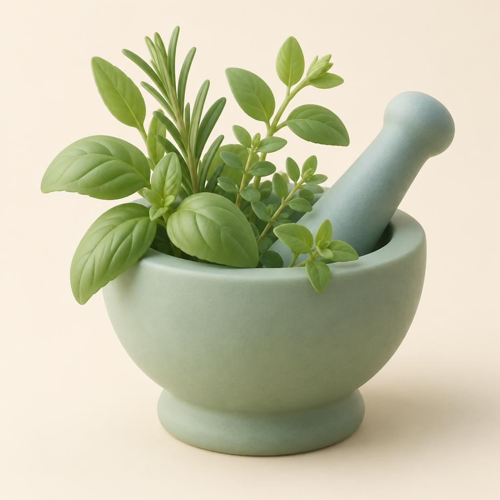 Mortar and pestle with fresh herbs